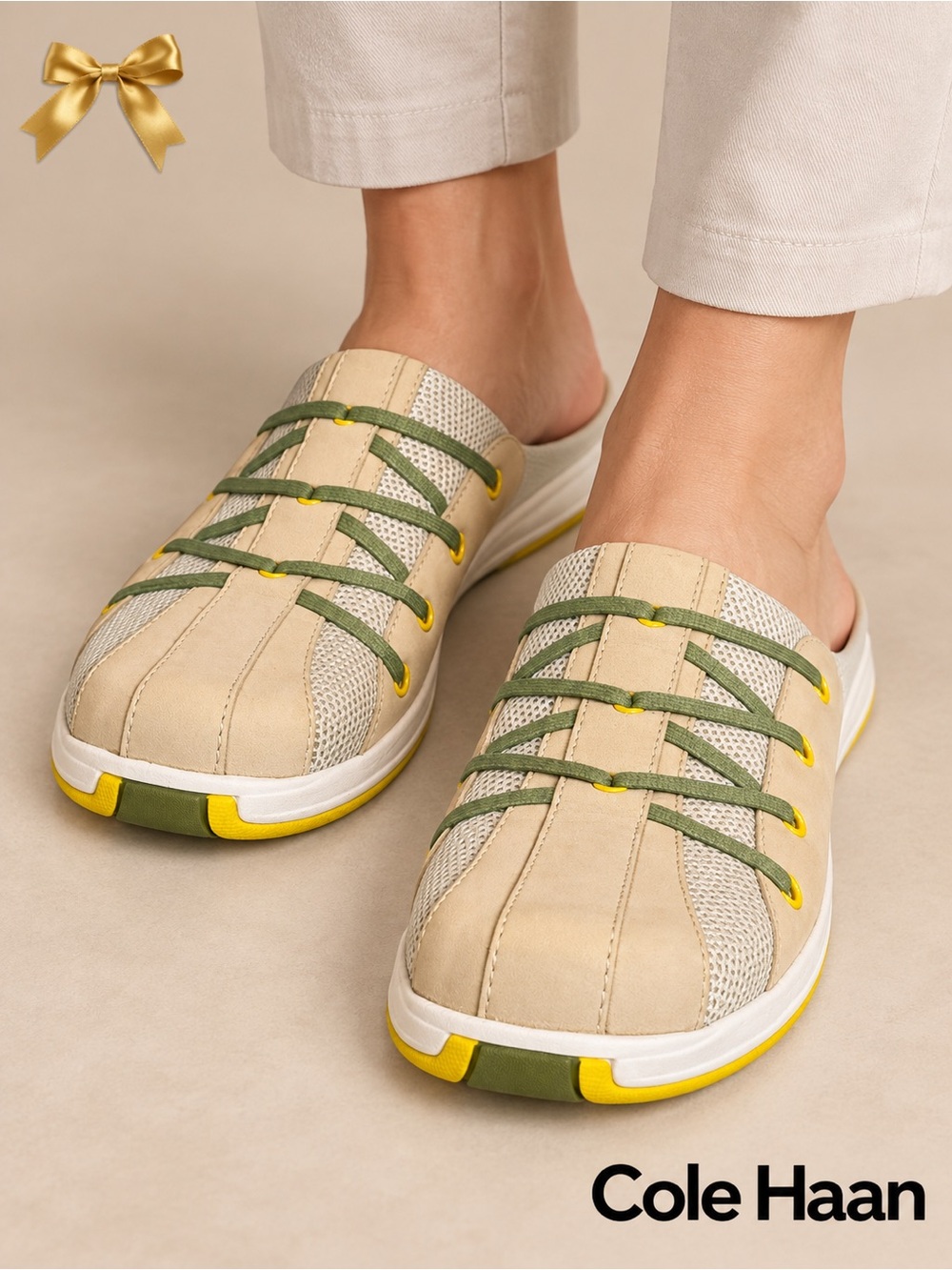 Cole Haan Nike Air Monaco Mules Beige Green Yellow Women’s 10.5 AA Narrow